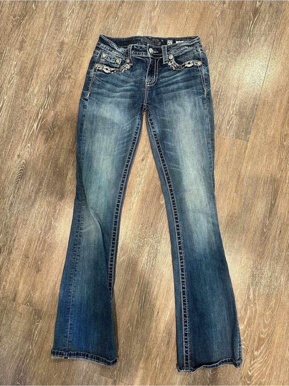 Miss Me Blue Bootcut Jeans with Embellished Front Pockets